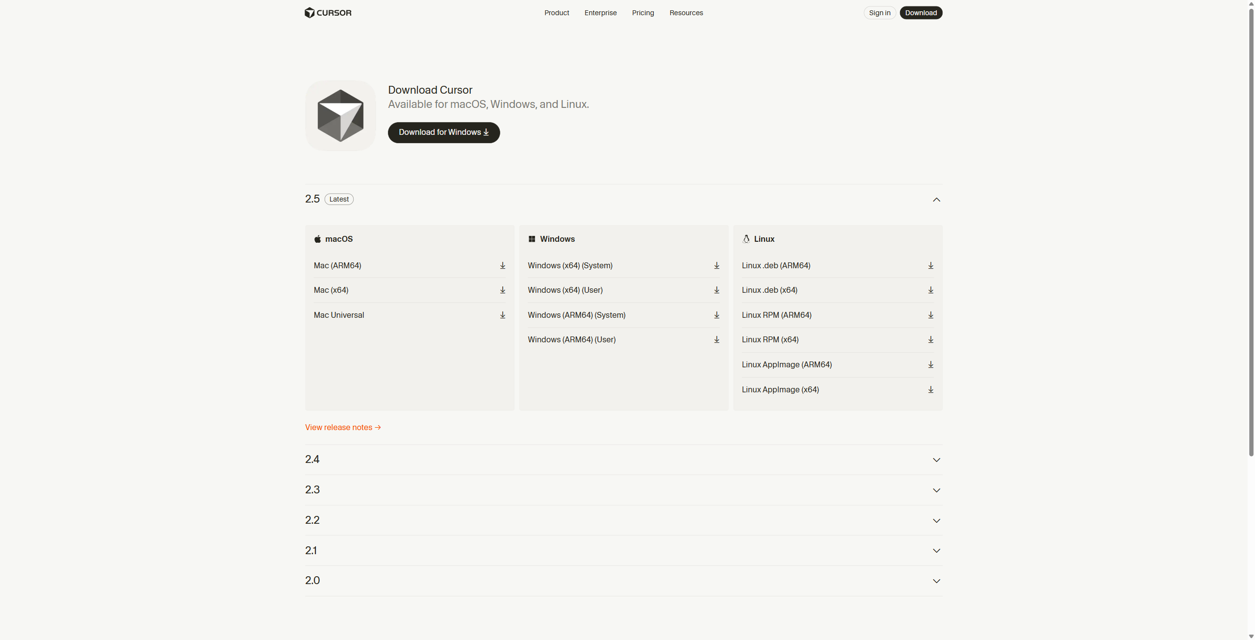 Страница загрузки Cursor